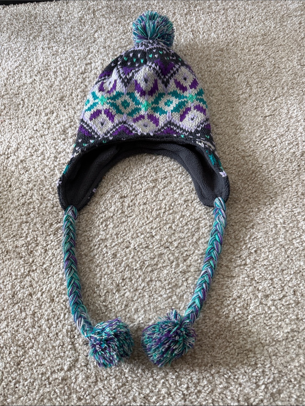 Old Navy Women’s Earflap Pom Beanie Hat in Teal, Purple & Gray Pattern